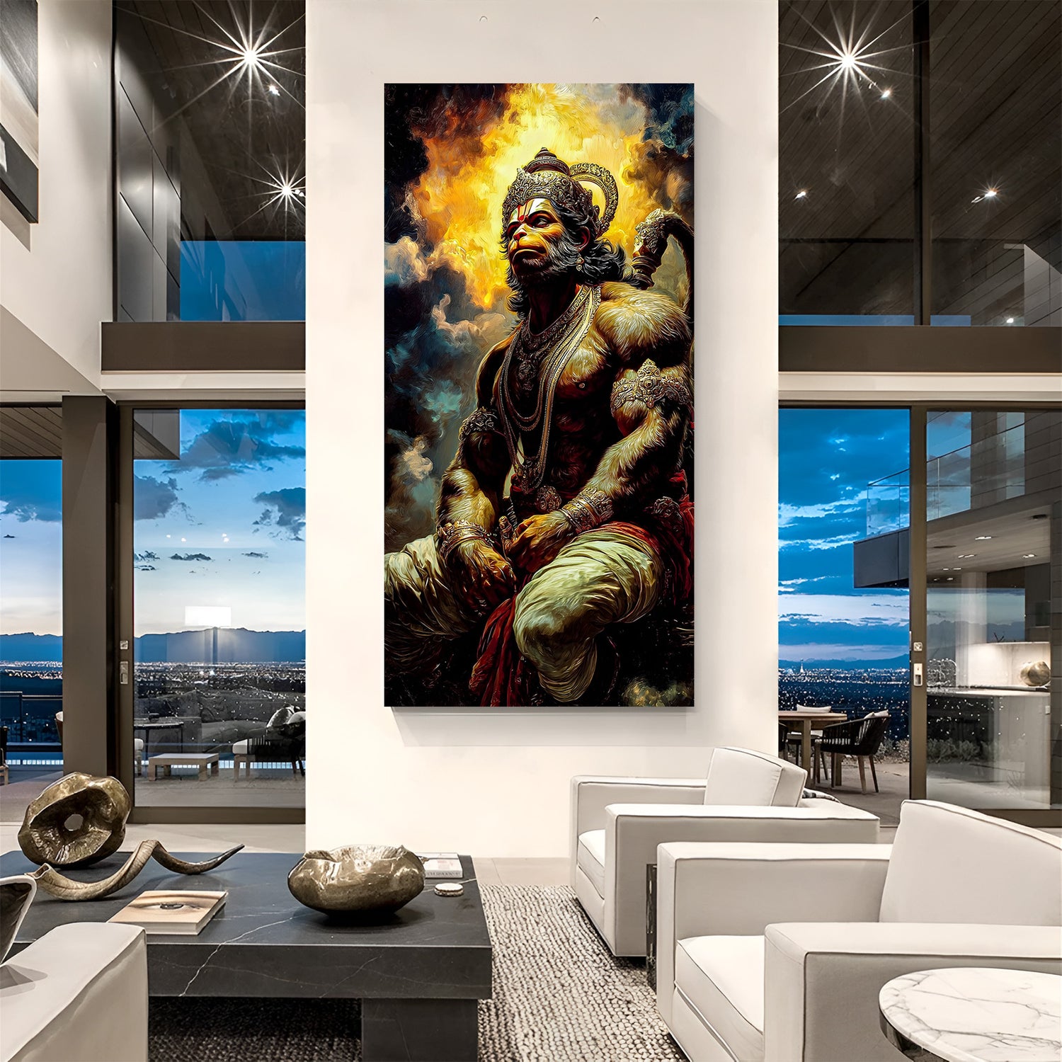 Vertical Hanuman Ji warrior wall art with dramatic golden aura background.