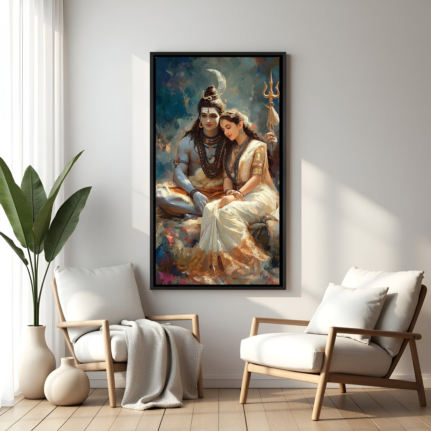 Shiv Shakti divine union artwork with Trishul in elegant black floater frame