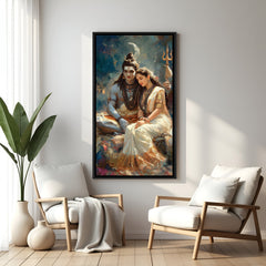 Shiv Shakti divine union artwork with Trishul in elegant black floater frame