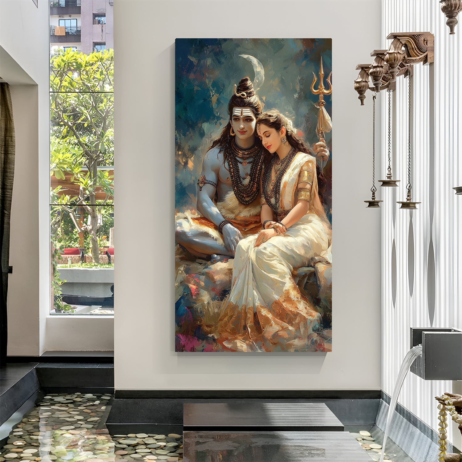 Lord Shiva and Goddess Parvati sitting together with Trishul behind them in premium canvas wrapped frame