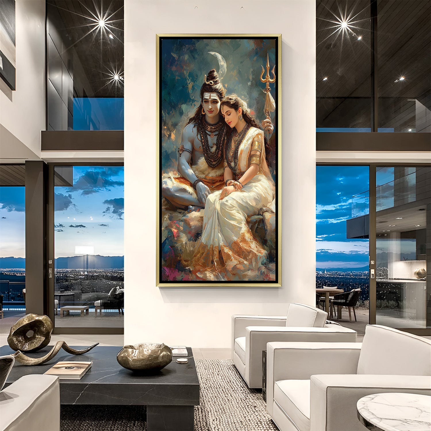 Divine Shiva Parvati canvas painting with Trishul backdrop in luxurious golden floater frame