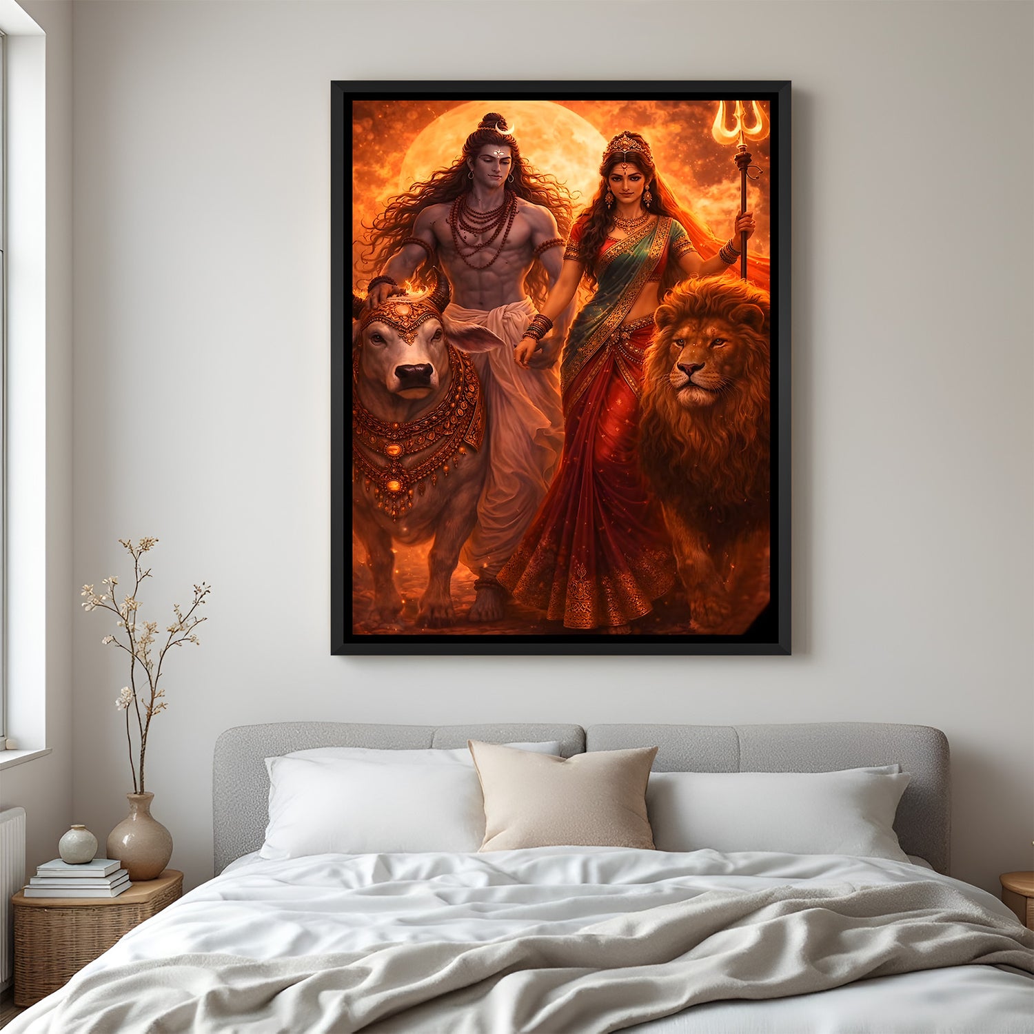 Shiv Shakti divine family artwork with Nandi and lion in elegant black floater frame