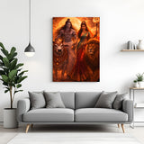 Lord Shiva and Goddess Parvati with Nandi bull and lion canvas wall art in premium canvas wrapped frame