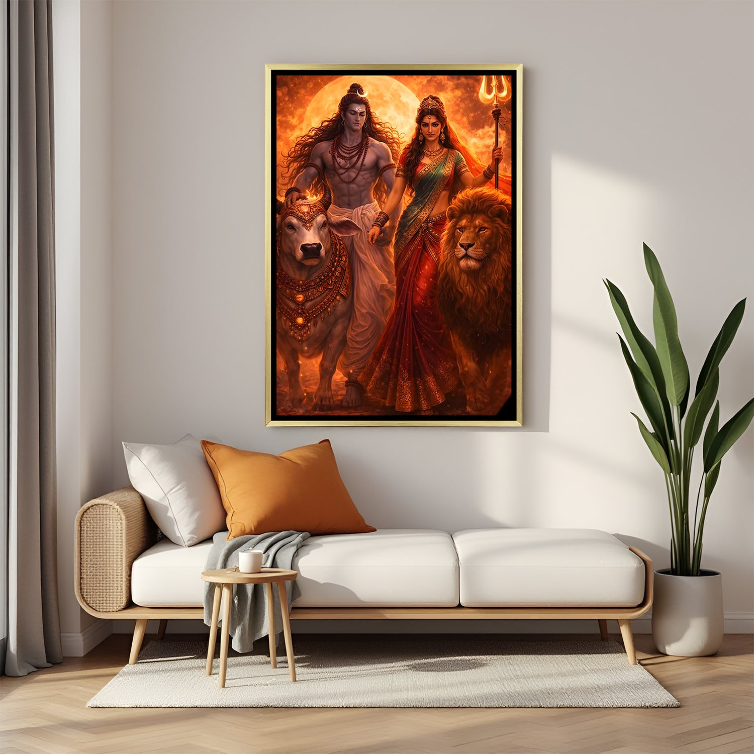 Lord Shiva Parvati canvas painting with Nandi bull and lion in luxurious golden floater frame