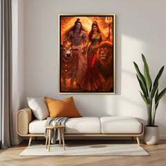 Lord Shiva Parvati canvas painting with Nandi bull and lion in luxurious golden floater frame