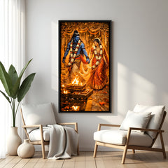 Shiv Parvati Vivah artwork in elegant black floater frame featuring the sacred wedding ritual