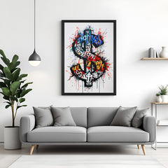 Black-framed modern canvas of dollar sign in graffiti style—urban-themed wall decor for contemporary, ambitious, or startup-inspired spaces