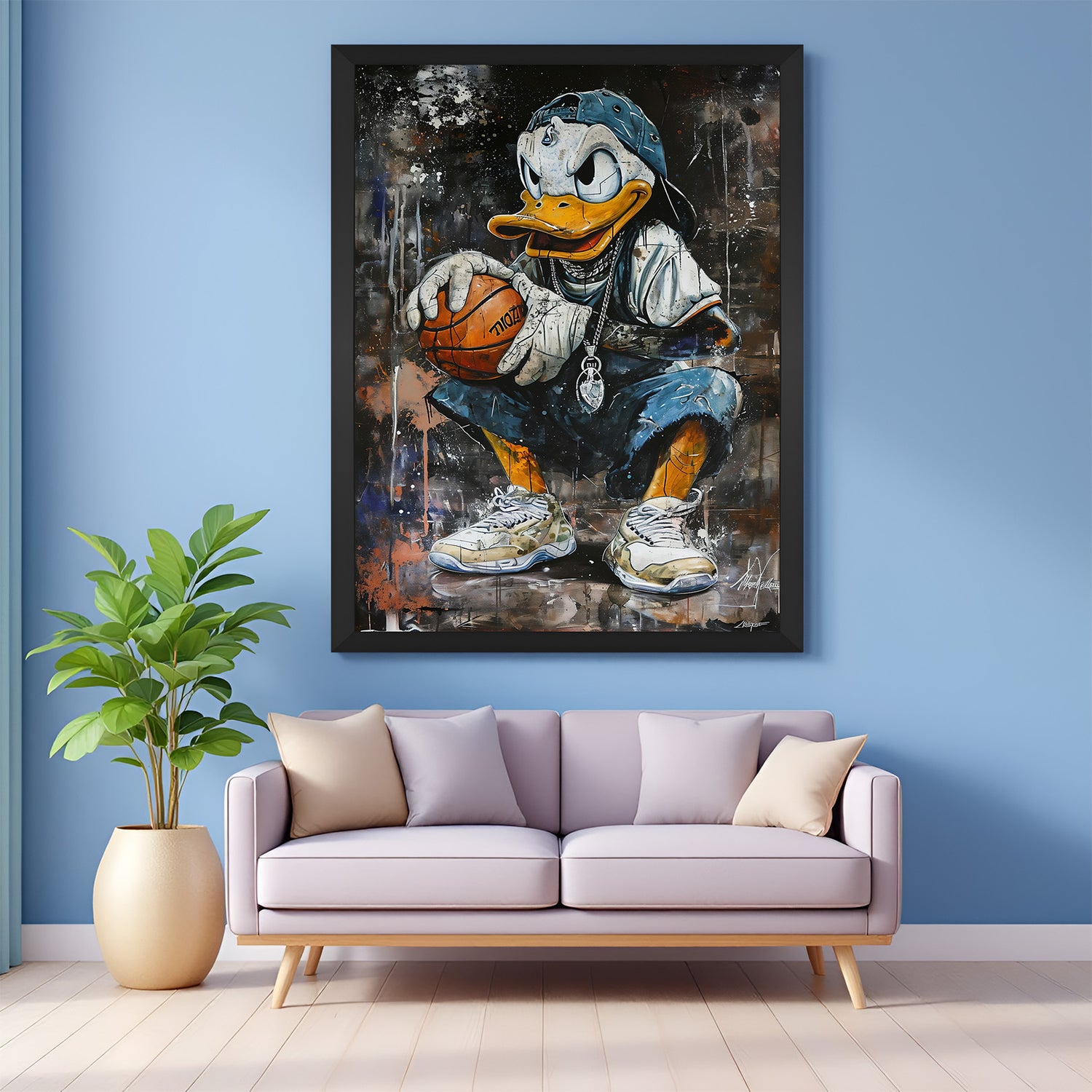 Modern canvas artwork of Donald Duck playing basketball with black floater frame for stylish interior decoration
