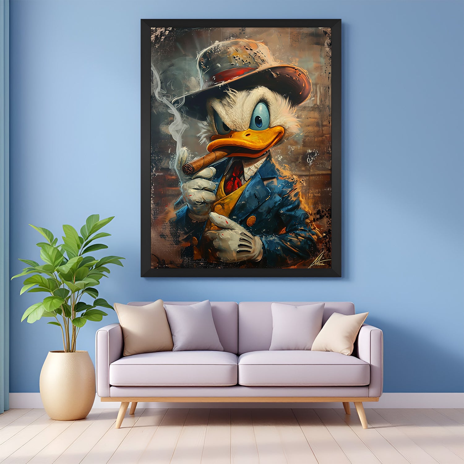 Donald Duck modern canvas wall art with black floater frame, cool and edgy wall decor piece