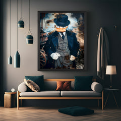 Framed canvas art of Donald Duck with mafia attitude and Peaky Blinder hat in black frame, blending modern painted style with gangster-inspired vibe