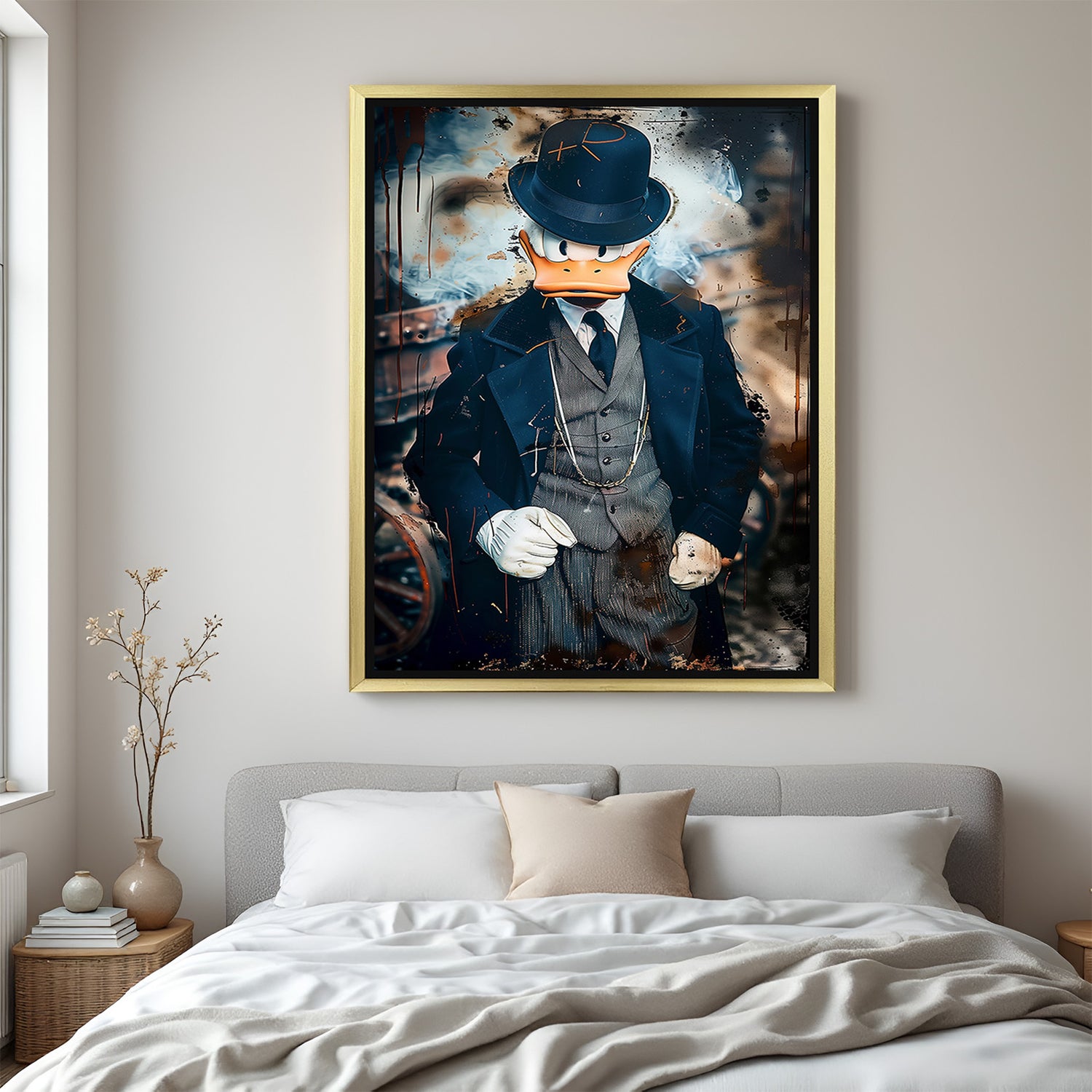 Golden frame canvas featuring Donald Duck as a mafia figure with hat, Peaky Blinder-style outfit, and attitude in a bold modern art expression