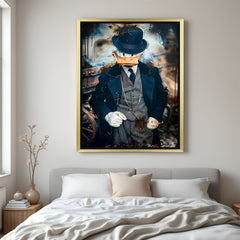 Golden frame canvas featuring Donald Duck as a mafia figure with hat, Peaky Blinder-style outfit, and attitude in a bold modern art expression