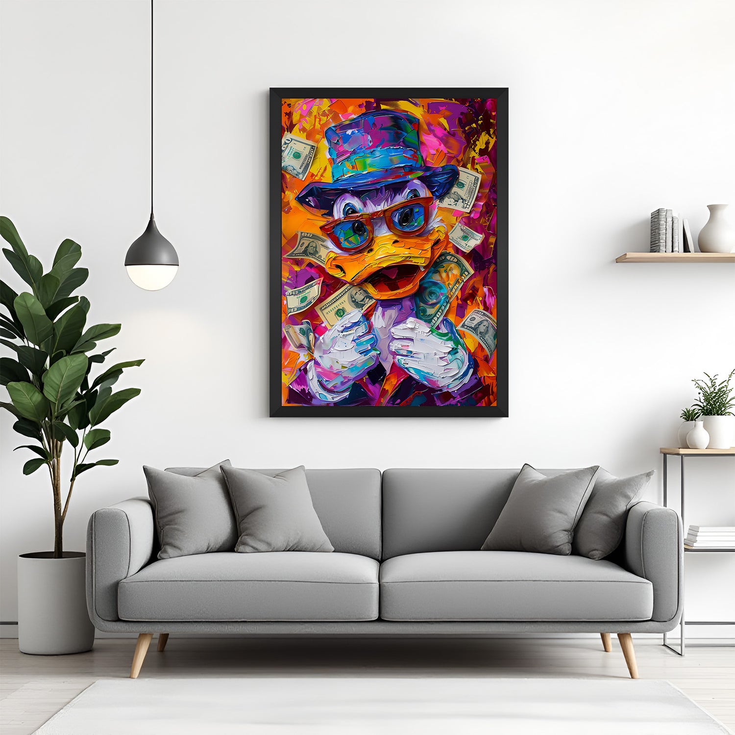Black-framed canvas print of Donald Duck with cash in a vibrant altered art style—perfect for playful wall decor in creative offices or stylish bedrooms