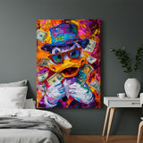 Modern art canvas of Donald Duck holding cash in a fun altered pop-art style—ideal for bold, trendy spaces with a love for character and money-themed art