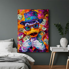 Modern art canvas of Donald Duck holding cash in a fun altered pop-art style—ideal for bold, trendy spaces with a love for character and money-themed art