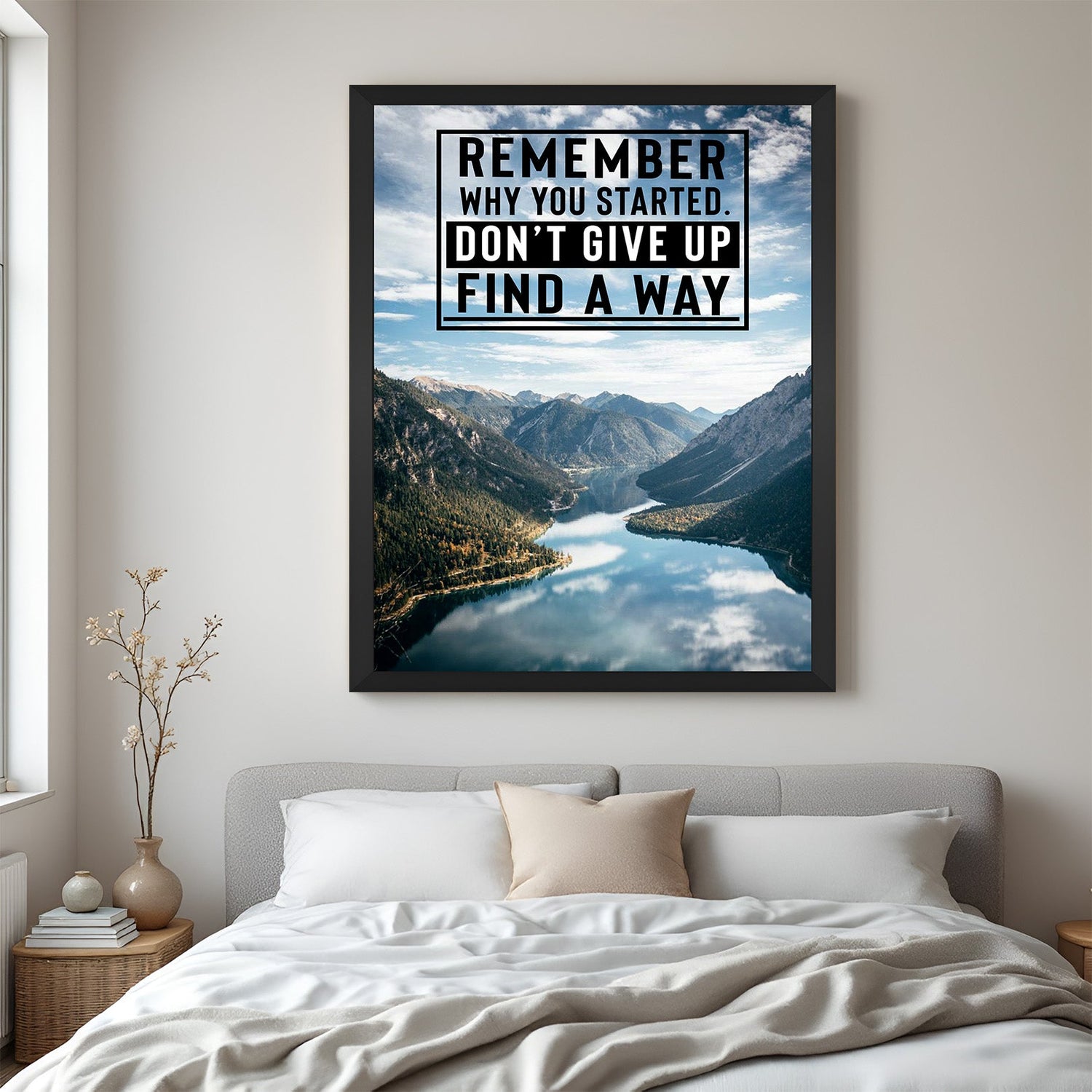 Motivational wall art with black floater frame featuring “Don’t Give Up” quote