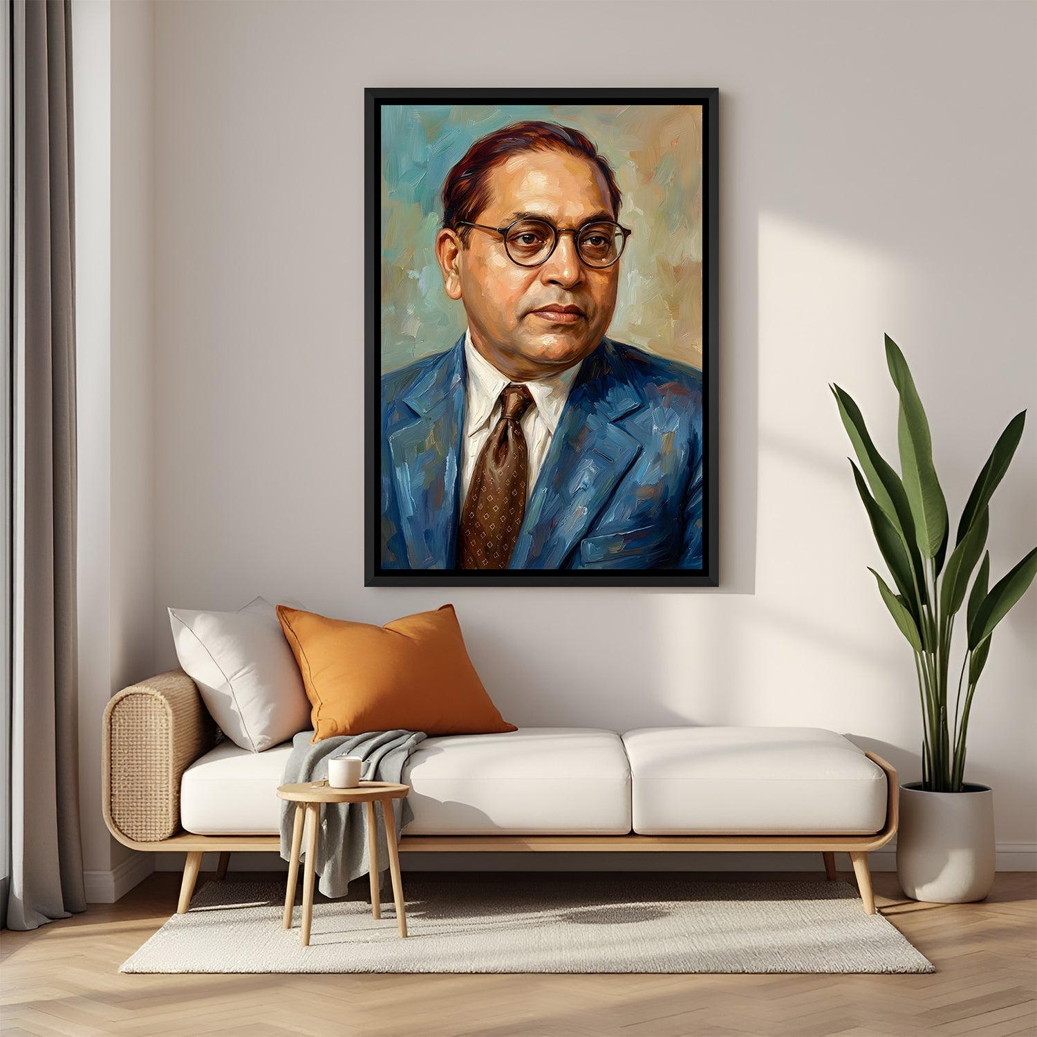 Dr B R Ambedkar painted portrait wall art in elegant black floater frame featuring artistic brushstroke detailing