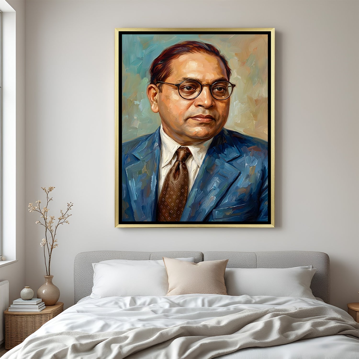 Dr B R Ambedkar painted style artwork in luxury golden floater frame showcasing an artistic face portrait