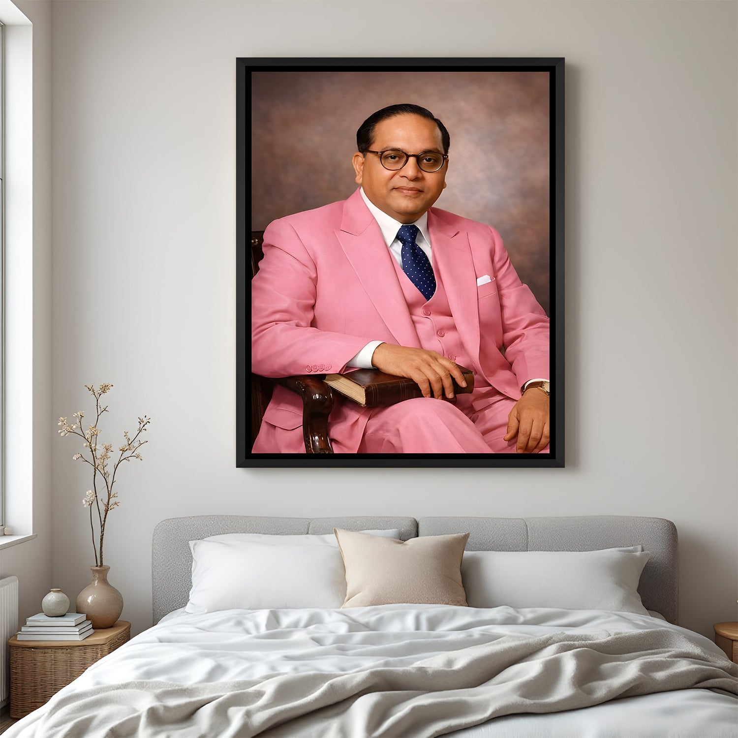 Dr B R Ambedkar sitting on a chair in a pink coat wall art in elegant black floater frame