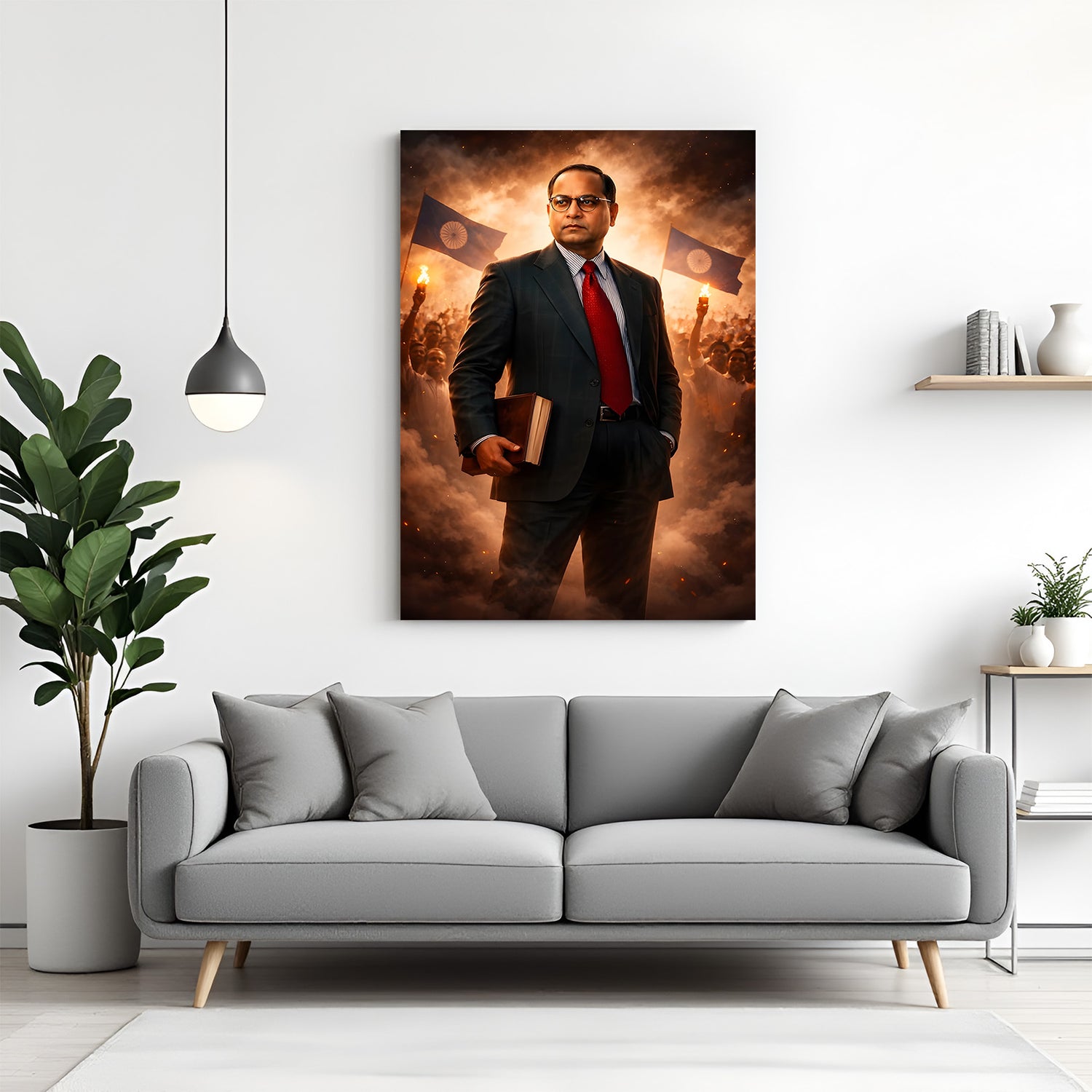 Dr B R Ambedkar standing with a book canvas wall art featuring a revolutionary background in premium canvas wrapped frame