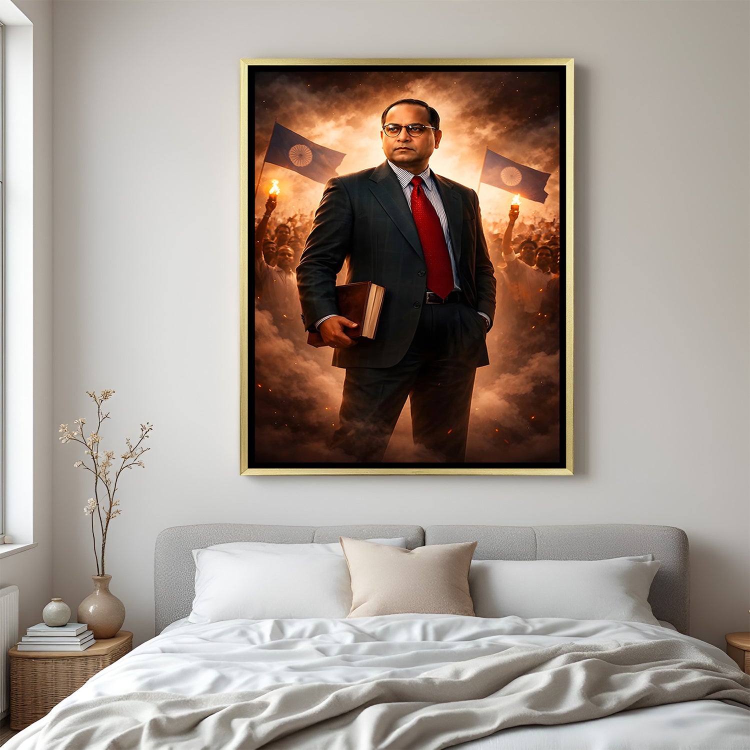 Dr B R Ambedkar artwork holding a book with a revolutionary background in luxury golden floater frame