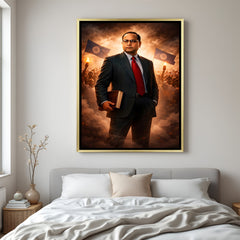 Dr B R Ambedkar artwork holding a book with a revolutionary background in luxury golden floater frame