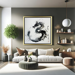 Golden-framed modern art canvas showing dragon in black brushwork with Japanese letters—elegant and powerful decor for minimal and cultural spaces