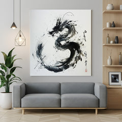 Modern art canvas of a dragon created from black brushstrokes on white background with Japanese text—minimalist and cultural wall art for bold interiors