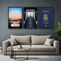 Set of 3 inspirational canvas prints with a call-to-action, success journey escalator, and travel passport message – perfect for motivational interior decor