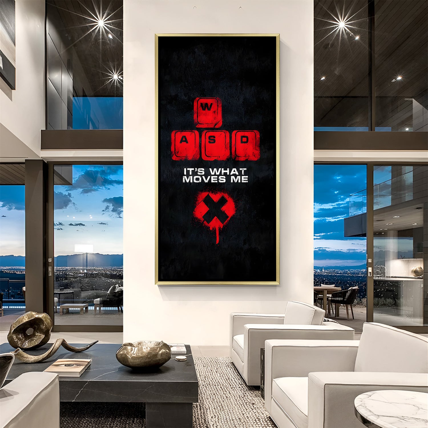 Driven by Pixels PC gaming artwork in luxury golden floater frame featuring It's What Moves Me gaming quote