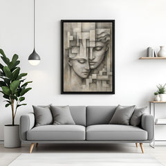 Two female faces modern canvas wall art in elegant black floater frame for contemporary décor