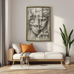 Modern dual female face artwork canvas in luxury golden floater frame with artistic detailing