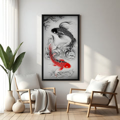 Yin yang inspired koi fish artwork featuring black and red fish in elegant black floater frame