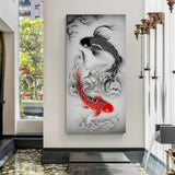 Black and red koi fish forming a yin yang design in premium canvas wrapped frame