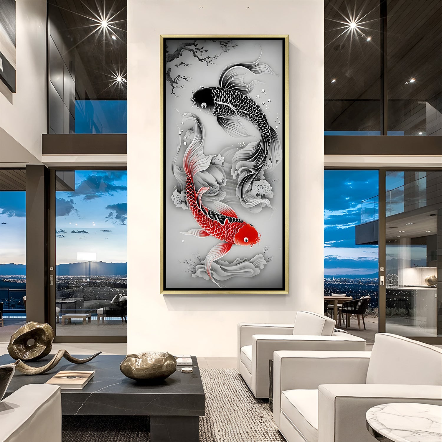 Dual Essence Koi artwork in luxury golden floater frame showcasing red and black koi fish in circular motion