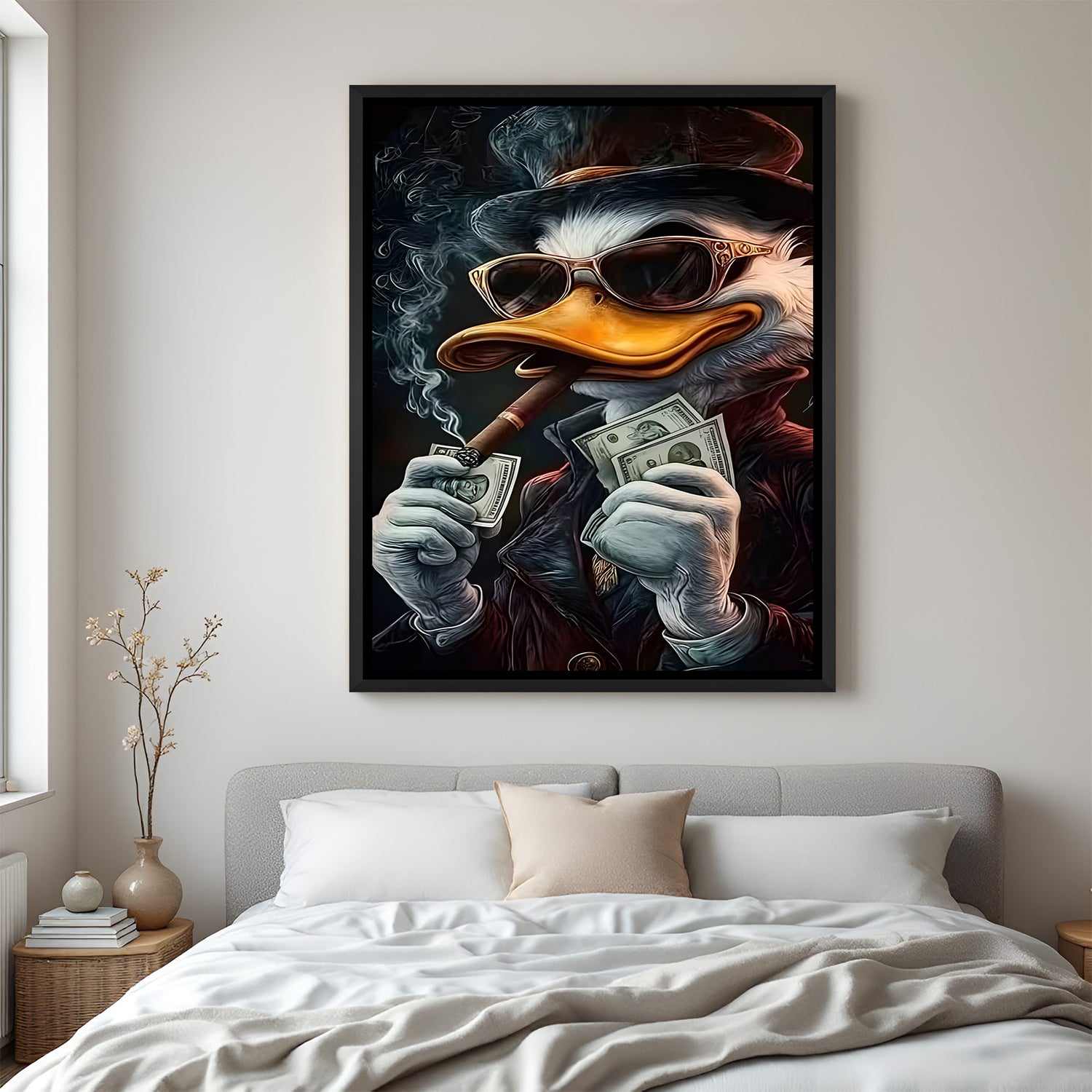Donald Duck cartoon artwork in elegant black floater frame featuring premium luxury-inspired styling