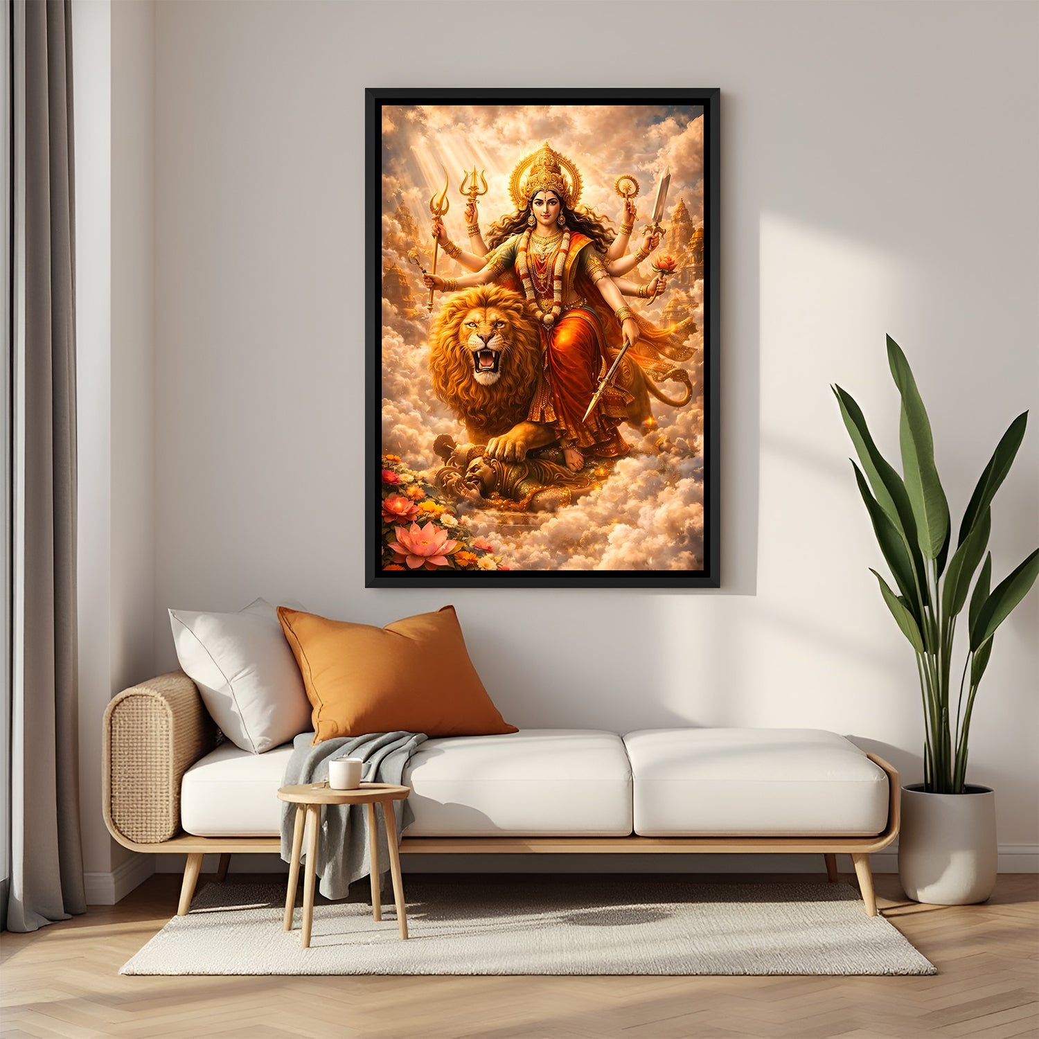 Durga Maa divine wall painting in elegant black floater frame with fierce lion and clouds