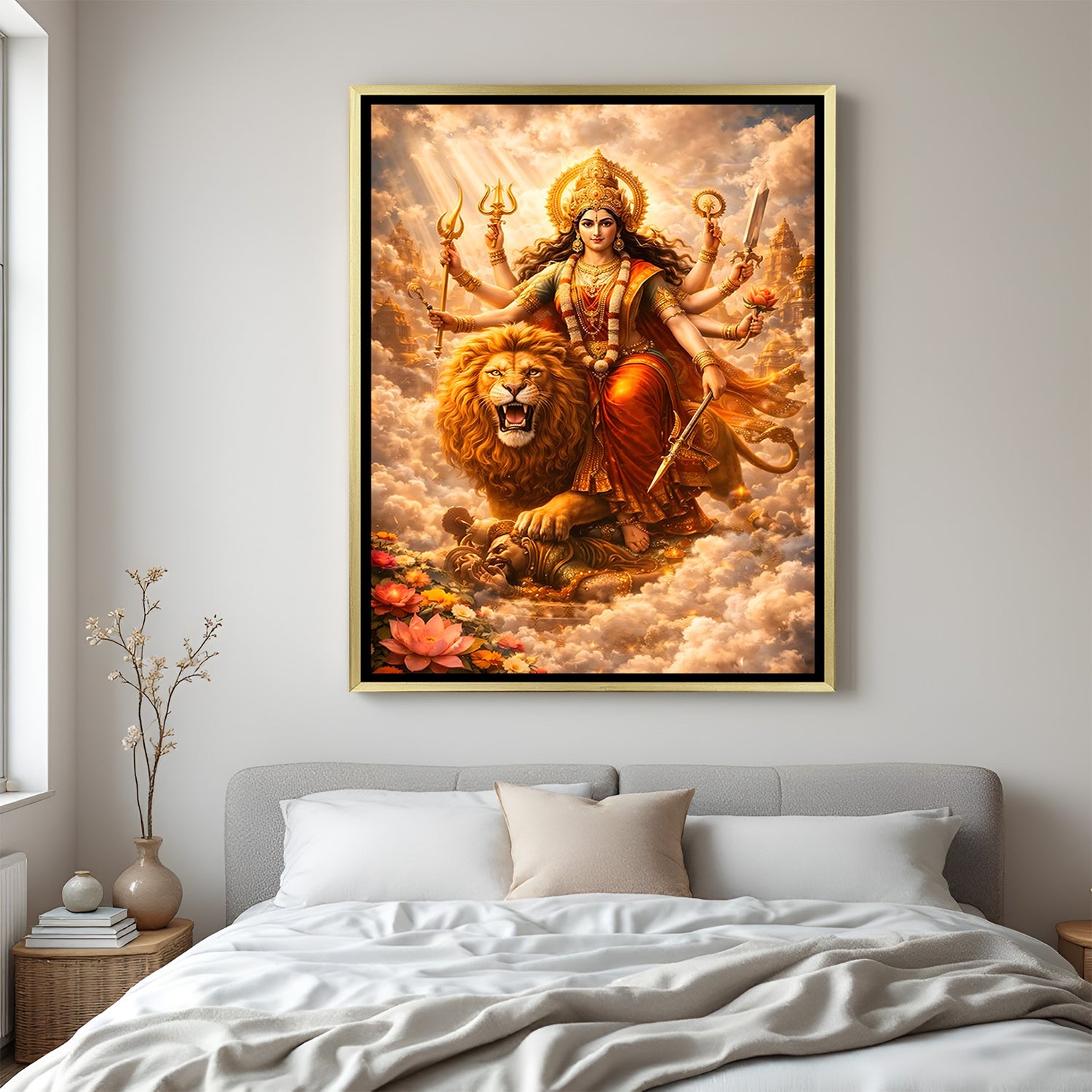 Durga Maa luxury spiritual artwork in golden floater frame with flowers and celestial clouds