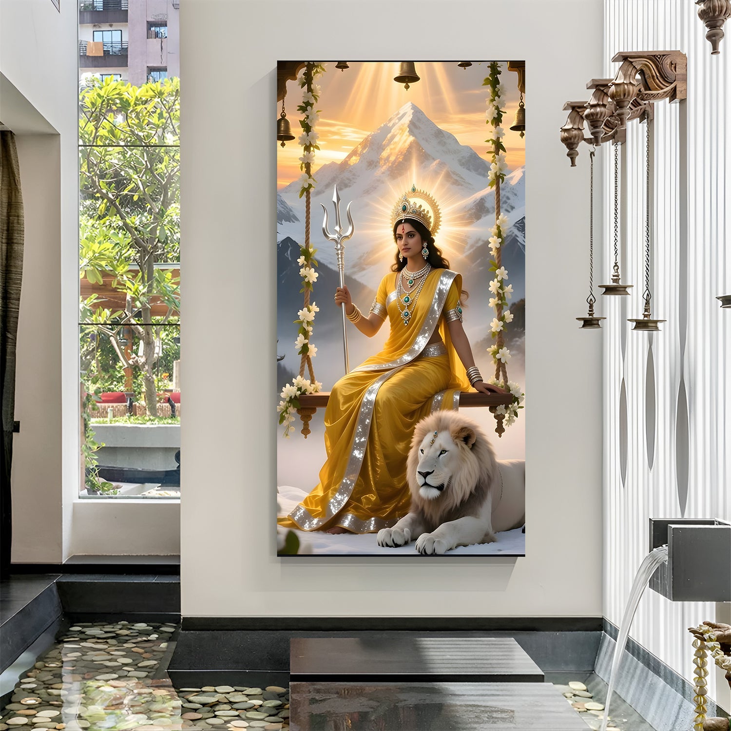 Durga Maa seated with divine tiger and Himalayan mountains in premium canvas wrapped frame spiritual wall art