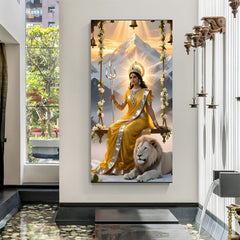 Durga Maa seated with divine tiger and Himalayan mountains in premium canvas wrapped frame spiritual wall art