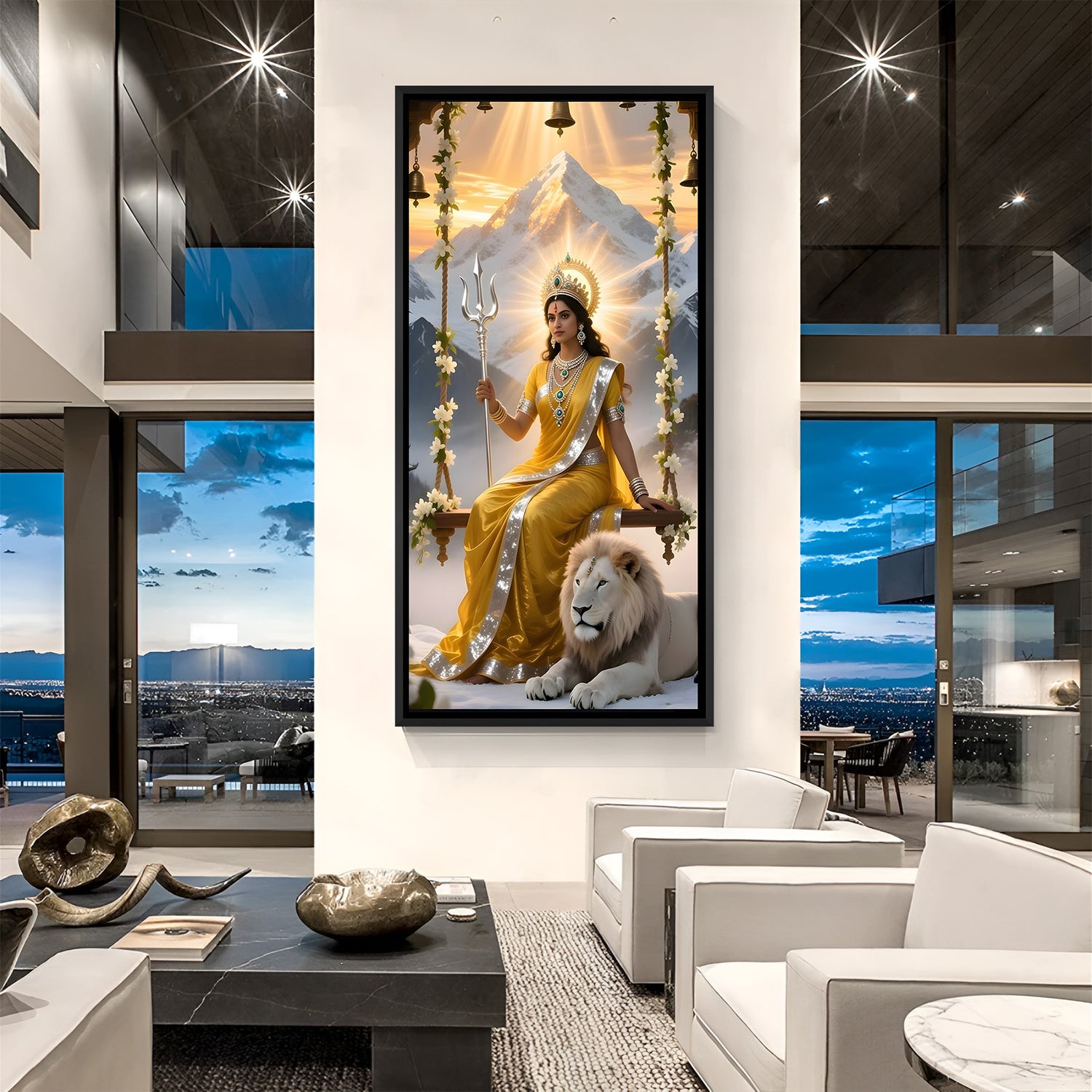 Durga Maa spiritual wall painting in elegant black floater frame with tiger and mountain background
