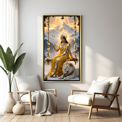 Durga Maa divine canvas artwork in luxury golden floater frame with sacred tiger and mountains