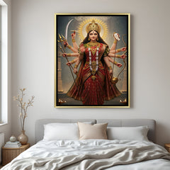 Durga Maa luxury spiritual artwork in golden floater frame with divine glow