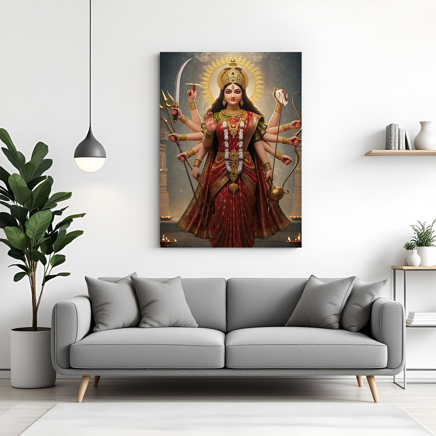 Durga Maa standing in radiant divine aura spiritual canvas wrapped wall art