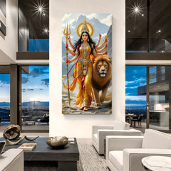 Durga Maa standing with sacred lion and Himalayan mountains in premium canvas wrapped frame wall art