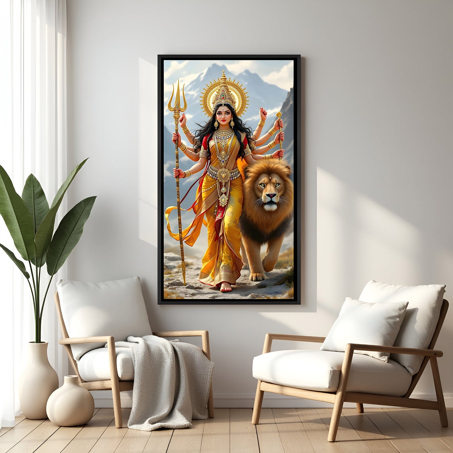 Durga Maa divine wall painting in black floater frame with lion beside her and mountain backdrop