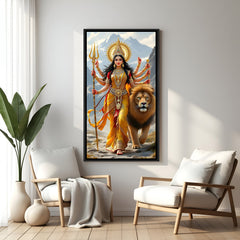 Durga Maa divine wall painting in black floater frame with lion beside her and mountain backdrop