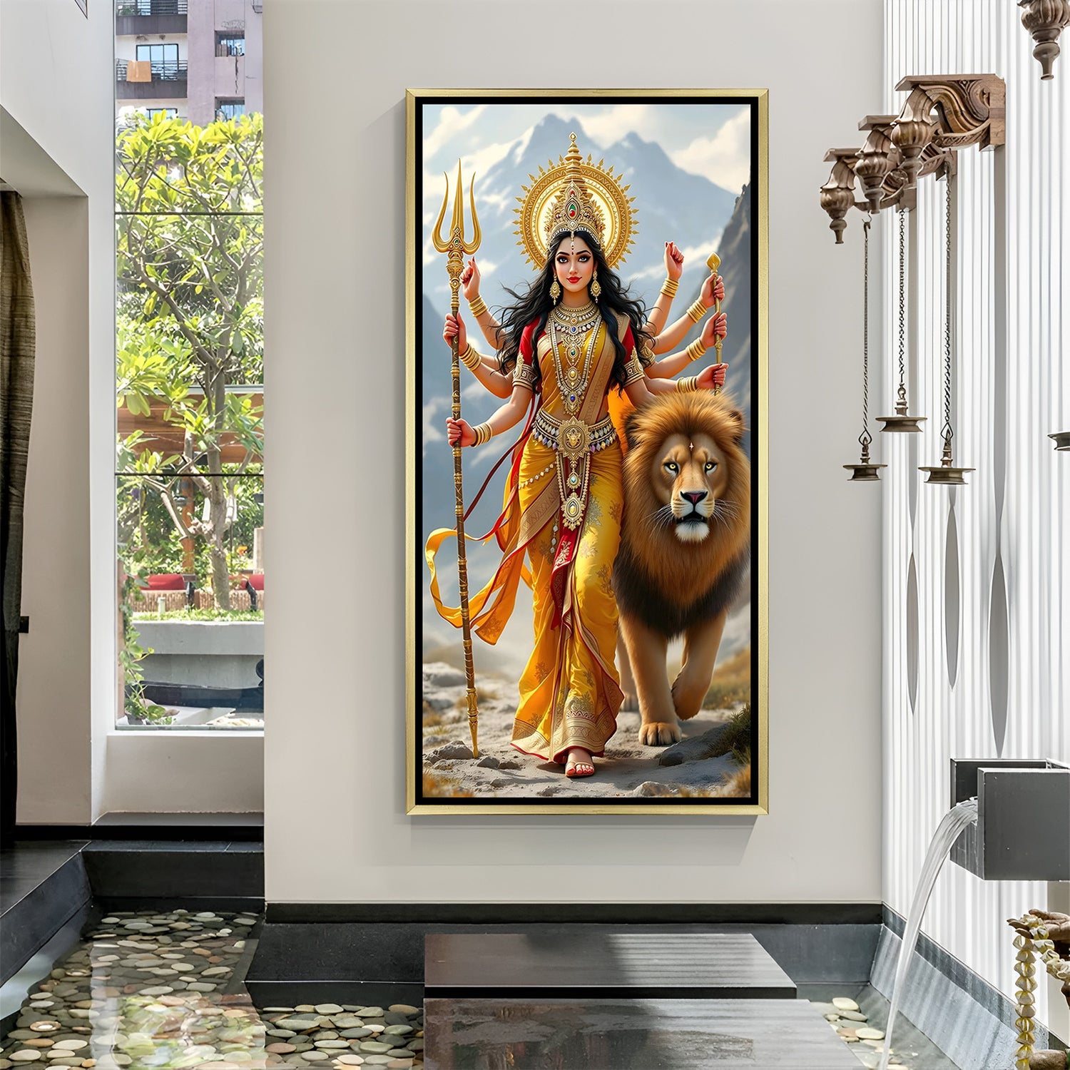 Durga Maa spiritual canvas artwork in luxury golden floater frame with lion and mountains