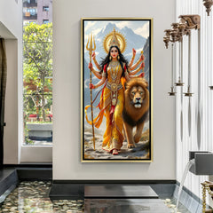Durga Maa spiritual canvas artwork in luxury golden floater frame with lion and mountains