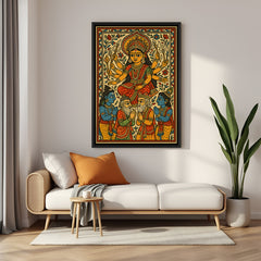 Divine Durga Mata Madhubani artwork in elegant black floater frame for modern spiritual interiors
